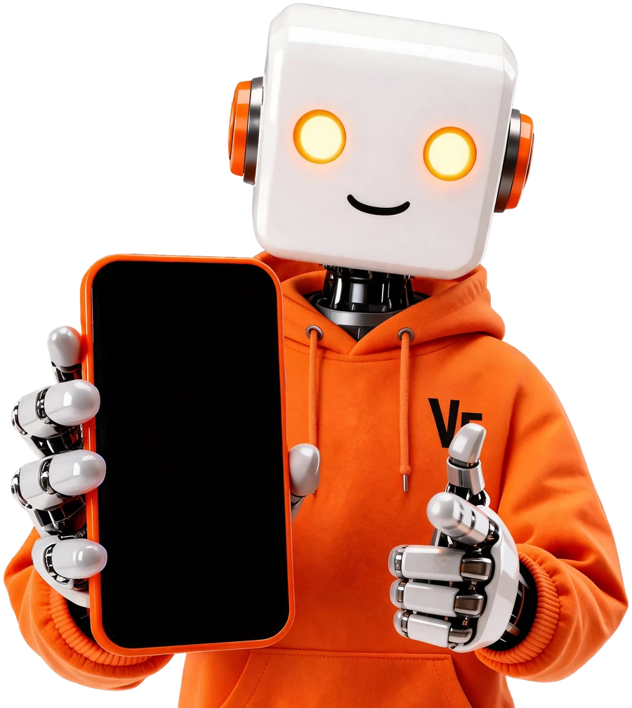 VF Editor robot mascot holding a phone